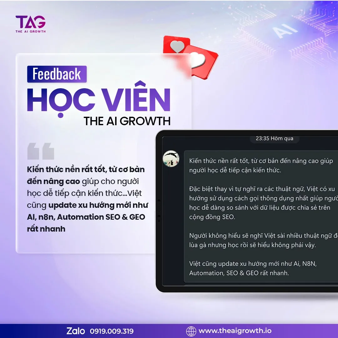 Nhận xét của học viên The AI Growth về cách Vincent cập nhật AI và automation.