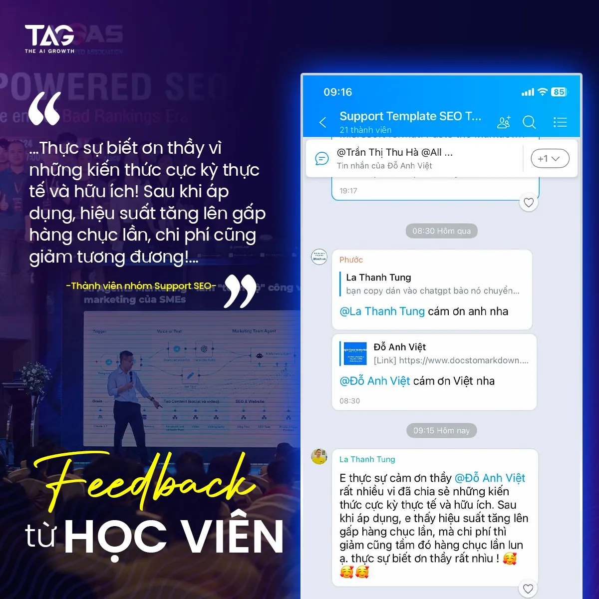 Anh La Thanh Tùng nhắn cảm ơn sau khi áp dụng vào công việc, trong group hỗ trợ học viên The AI Growth.